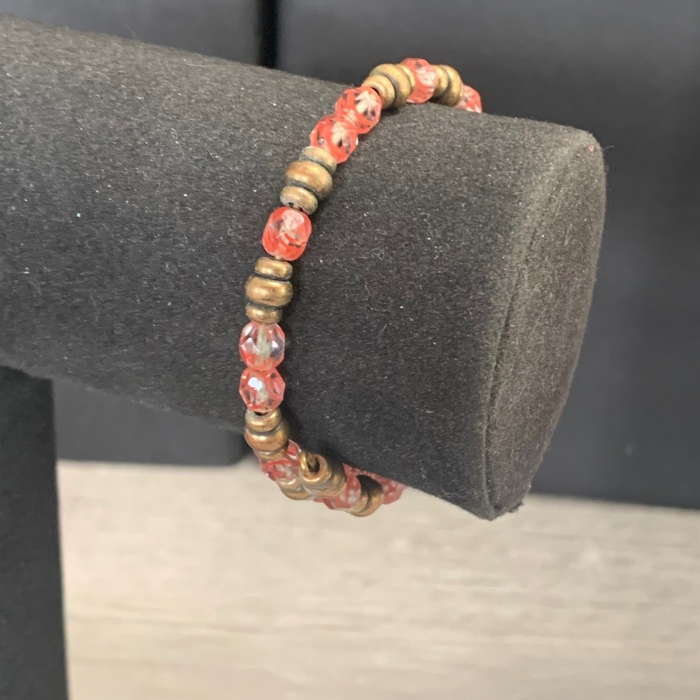 Vintage Style Orange Glass Bead Memory Wire Wrap Bracelet Brass Tone Spacers